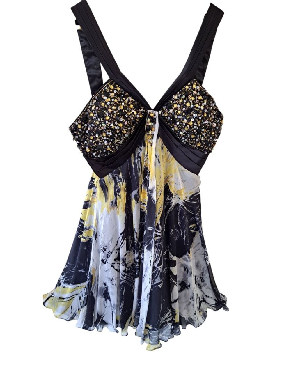 Y2k Size 16 Tony Bowls Black & Yellow Beaded Empire Waist Chiffon Dress Formal